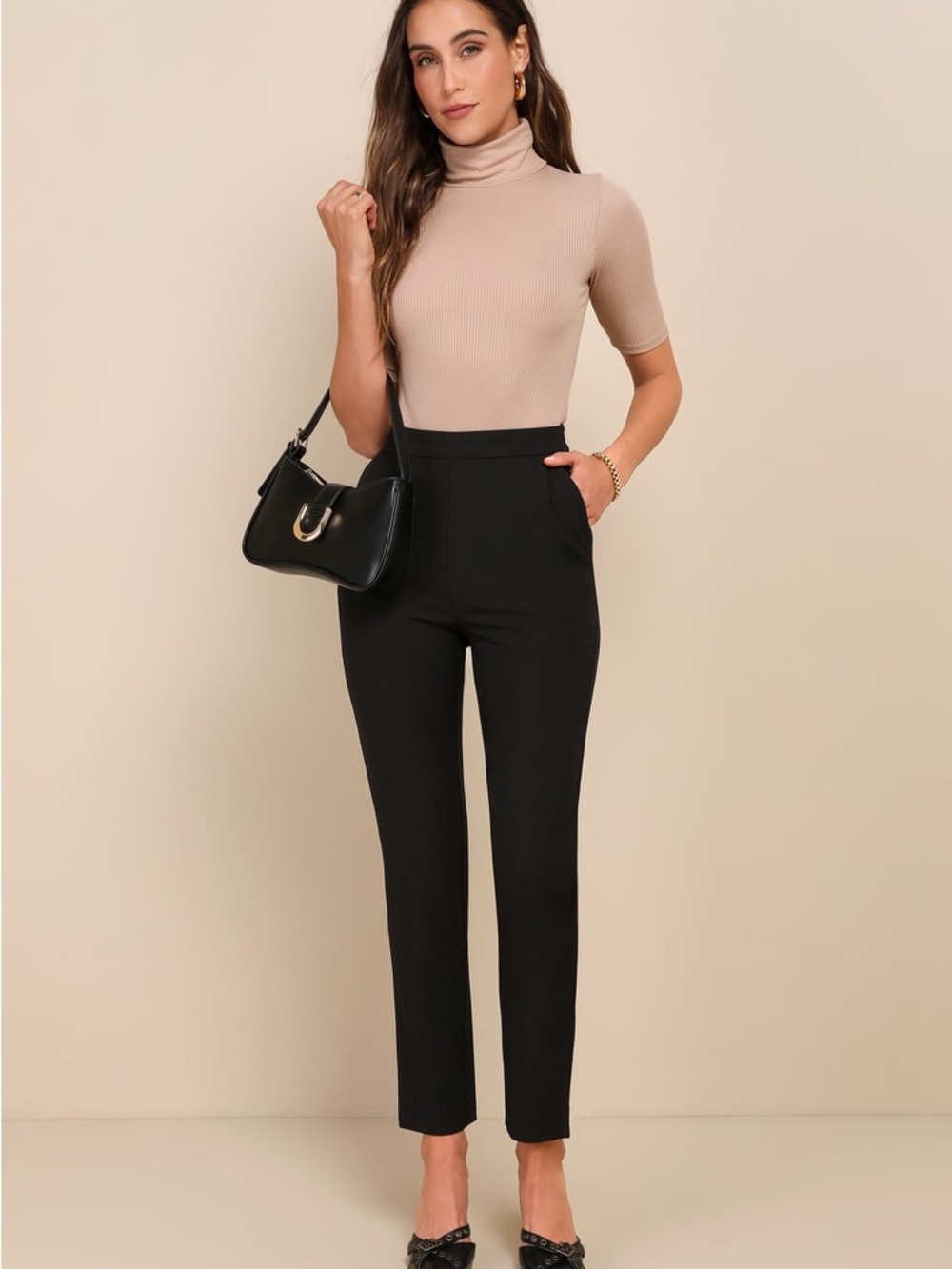 NWT lulu’s Kick It Black High-Waisted Pants Women's Black Slim Ponte Pants Sz M